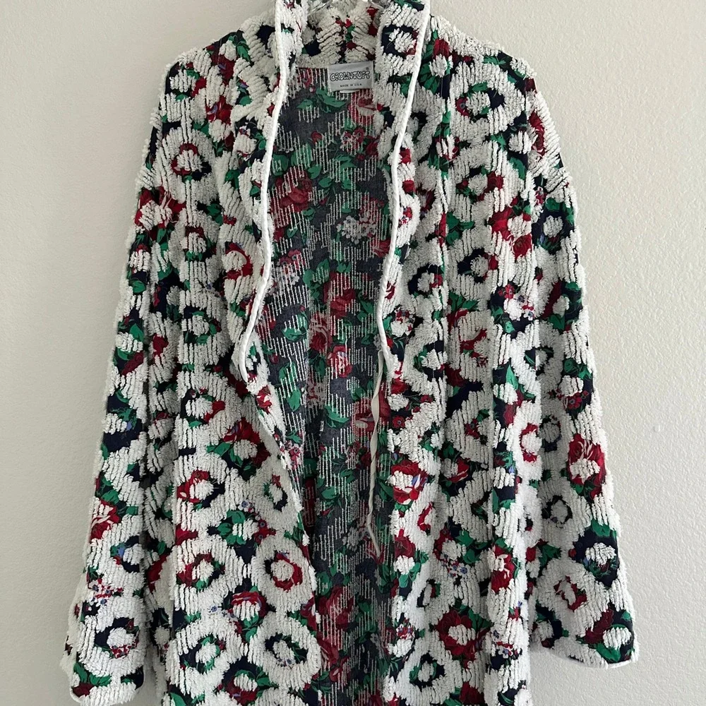 Vtg Crowntuft Chenille Robe Women L White Floral 80s Long Belted USA‎ Made Flaw